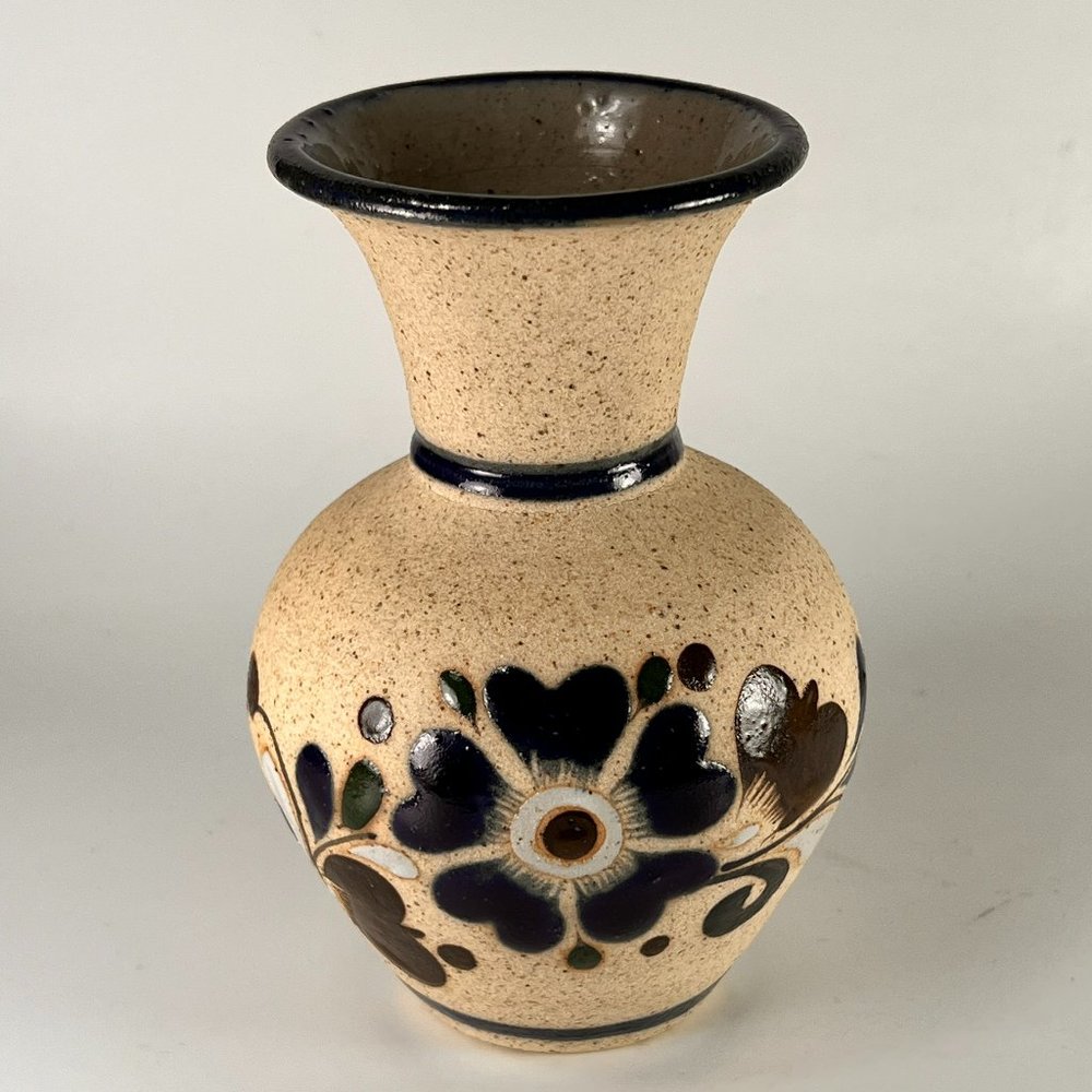 Vtg Tonala Vase Tlaquepaque Mexico Sandstone Stoneware Floral Cream Folk Art